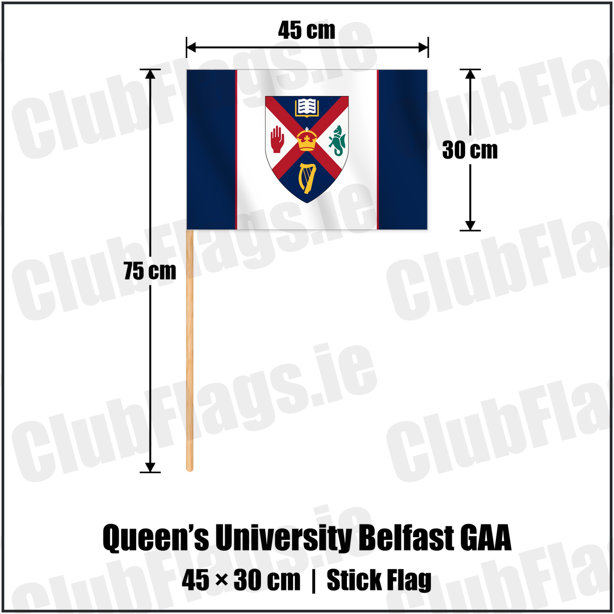 Queen’s University Belfast GAA 30cm x 45cm Stick Flag with the club crest and colours, Antrim GAA - ClubFlags.ie