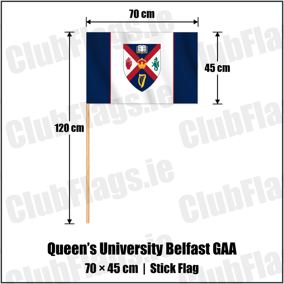 Queen’s University Belfast GAA 45cm x 70cm Stick Flag with the club crest and colours, Antrim GAA - ClubFlags.ie