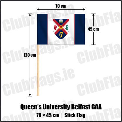Queen’s University Belfast GAA 45cm x 70cm Stick Flag with the club crest and colours, Antrim GAA - ClubFlags.ie