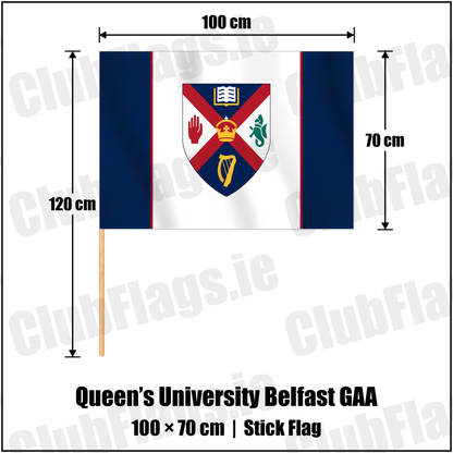 Queen’s University Belfast GAA 70cm x 100cm Stick Flag with the club crest and colours, Antrim GAA - ClubFlags.ie