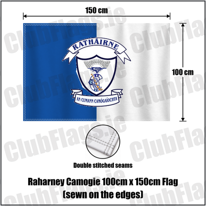 Raharney Camogie 100cm x 150cm Flag (sewn on the edges), featuring the club crest and blue and white colours; County Westmeath camogie. ClubFlags.ie.
