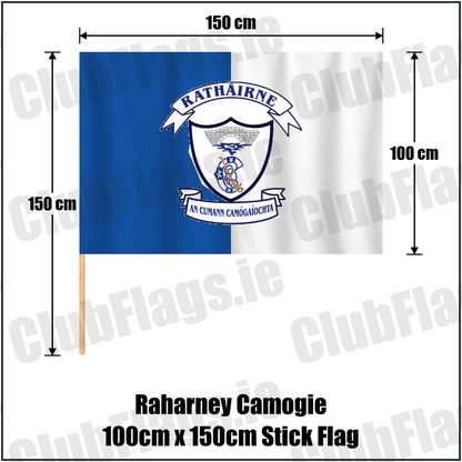 Raharney Camogie 100cm x 150cm Stick Flag, featuring the club crest and blue and white colours; County Westmeath camogie. ClubFlags.ie.