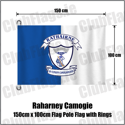 Raharney Camogie 150cm x 100cm Flag Pole Flag with Rings, featuring the club crest and blue and white colours; County Westmeath camogie. ClubFlags.ie.