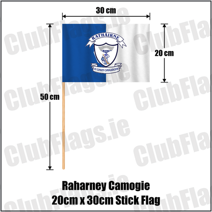 Raharney Camogie 20cm x 30cm Stick Flag, featuring the club crest and blue and white colours; County Westmeath camogie. ClubFlags.ie.