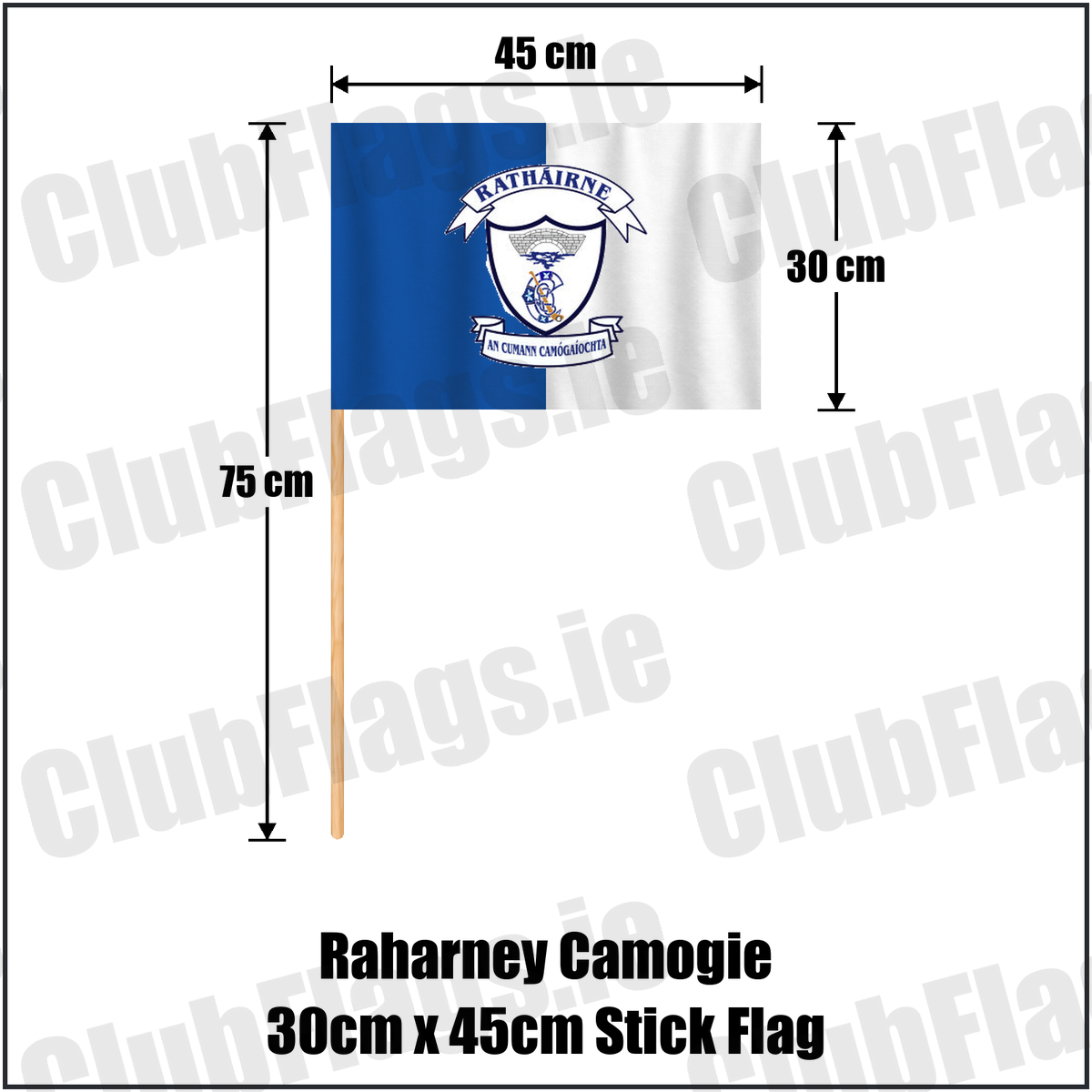 Raharney Camogie 30cm x 45cm Stick Flag, featuring the club crest and blue and white colours; County Westmeath camogie. ClubFlags.ie.