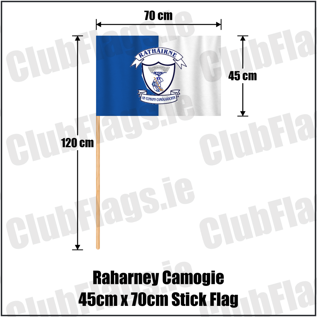 Raharney Camogie 45cm x 70cm Stick Flag, featuring the club crest and blue and white colours; County Westmeath camogie. ClubFlags.ie.