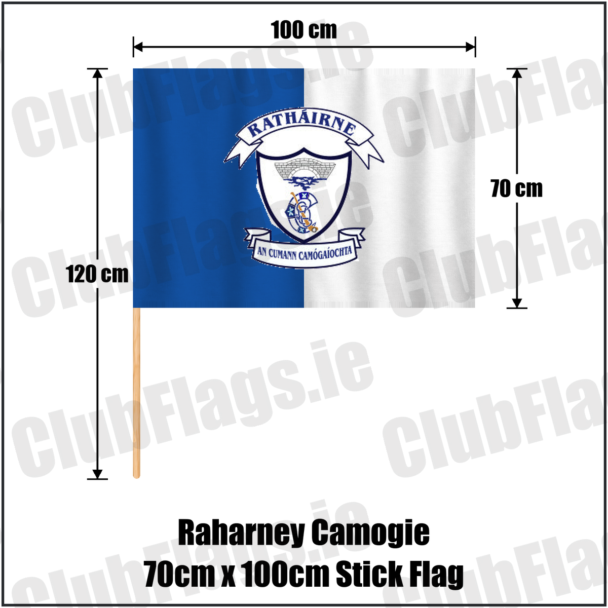 Raharney Camogie 70cm x 100cm Stick Flag, featuring the club crest and blue and white colours; County Westmeath camogie. ClubFlags.ie.