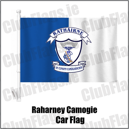 Raharney Camogie Car Flag, featuring the club crest and blue and white colours; County Westmeath camogie. ClubFlags.ie.