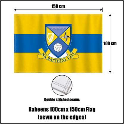 Raheens 100cm x 150cm Flag (sewn on the edges), featuring the club crest and saffron and blue colours; County Kildare GAA. ClubFlags.ie.