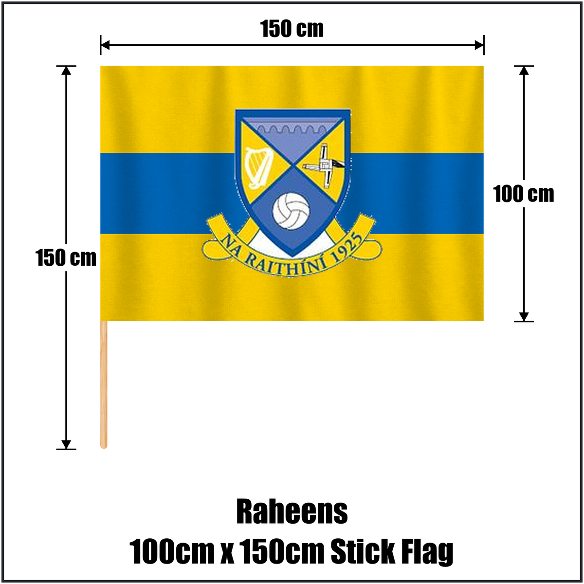 Raheens 100cm x 150cm Stick Flag, featuring the club crest and saffron and blue colours; County Kildare GAA. ClubFlags.ie.