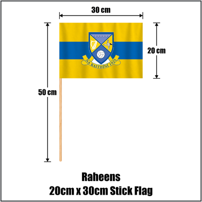 Raheens 20cm x 30cm Stick Flag, featuring the club crest and saffron and blue colours; County Kildare GAA. ClubFlags.ie.