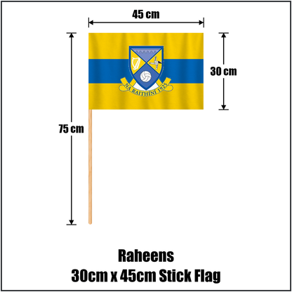 Raheens 30cm x 45cm Stick Flag, featuring the club crest and saffron and blue colours; County Kildare GAA. ClubFlags.ie.
