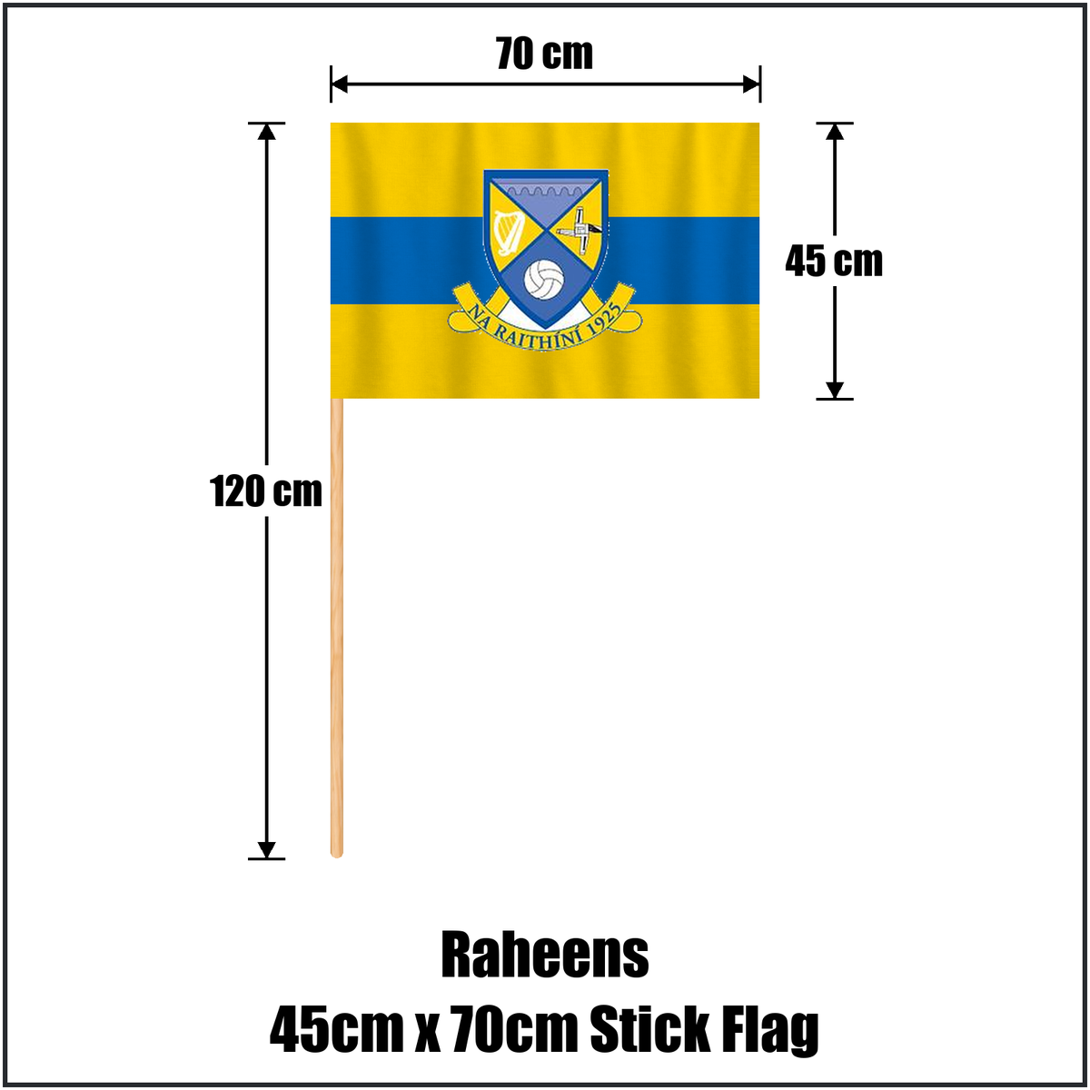 Raheens 45cm x 70cm Stick Flag, featuring the club crest and saffron and blue colours; County Kildare GAA. ClubFlags.ie.