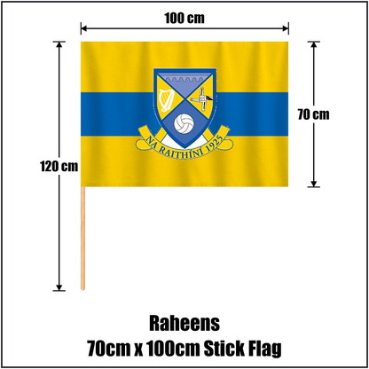 Raheens 70cm x 100cm Stick Flag, featuring the club crest and saffron and blue colours; County Kildare GAA. ClubFlags.ie.