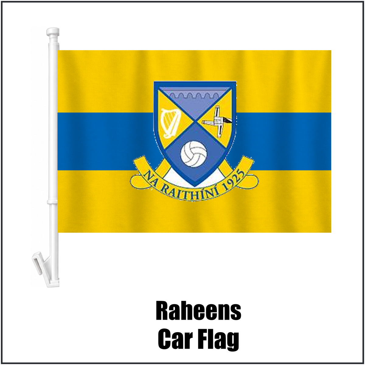 Raheens Car Flag, featuring the club crest and saffron and blue colours; County Kildare GAA. ClubFlags.ie.