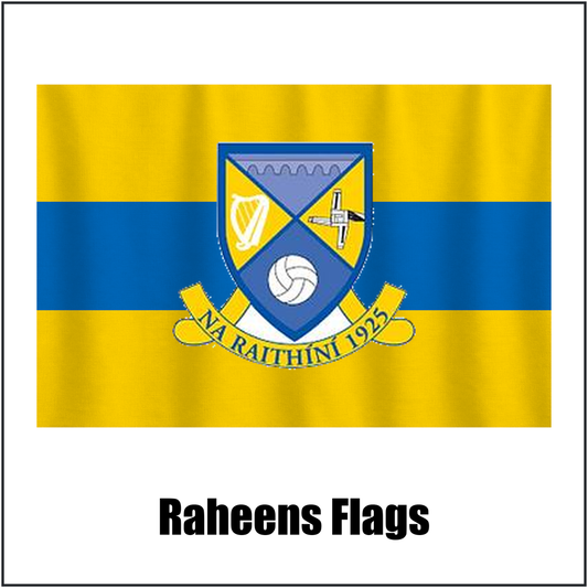Raheens Flags, featuring the club crest and saffron and blue colours; County Kildare GAA. ClubFlags.ie.