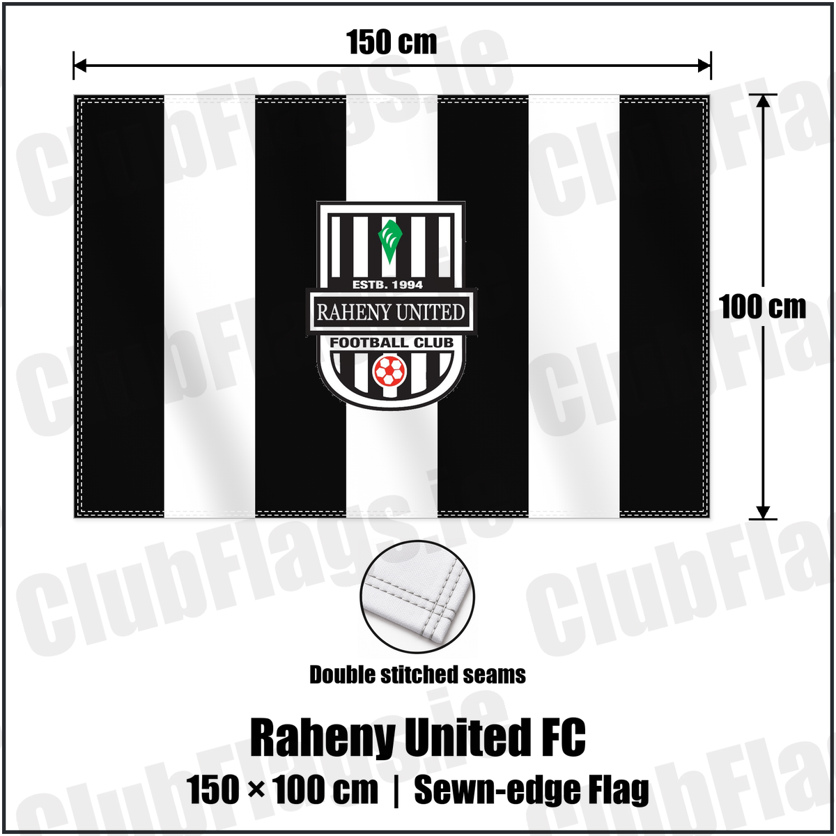 Raheny United FC 100cm x 150cm Flag (sewn on the edges) with the club crest and colours, Dublin Football - ClubFlags.ie