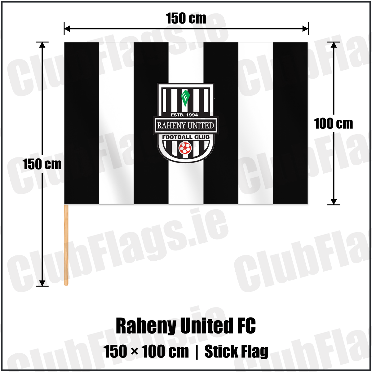 Raheny United FC 100cm x 150cm Stick Flag with the club crest and colours, Dublin Football - ClubFlags.ie