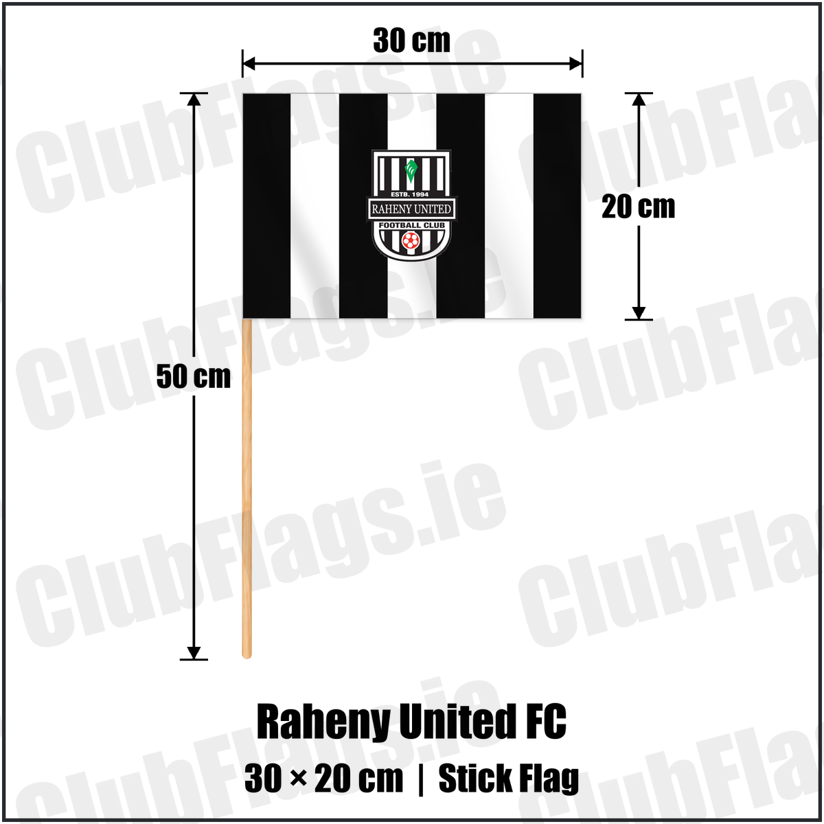 Raheny United FC 20cm x 30cm Stick Flag with the club crest and colours, Dublin Football - ClubFlags.ie