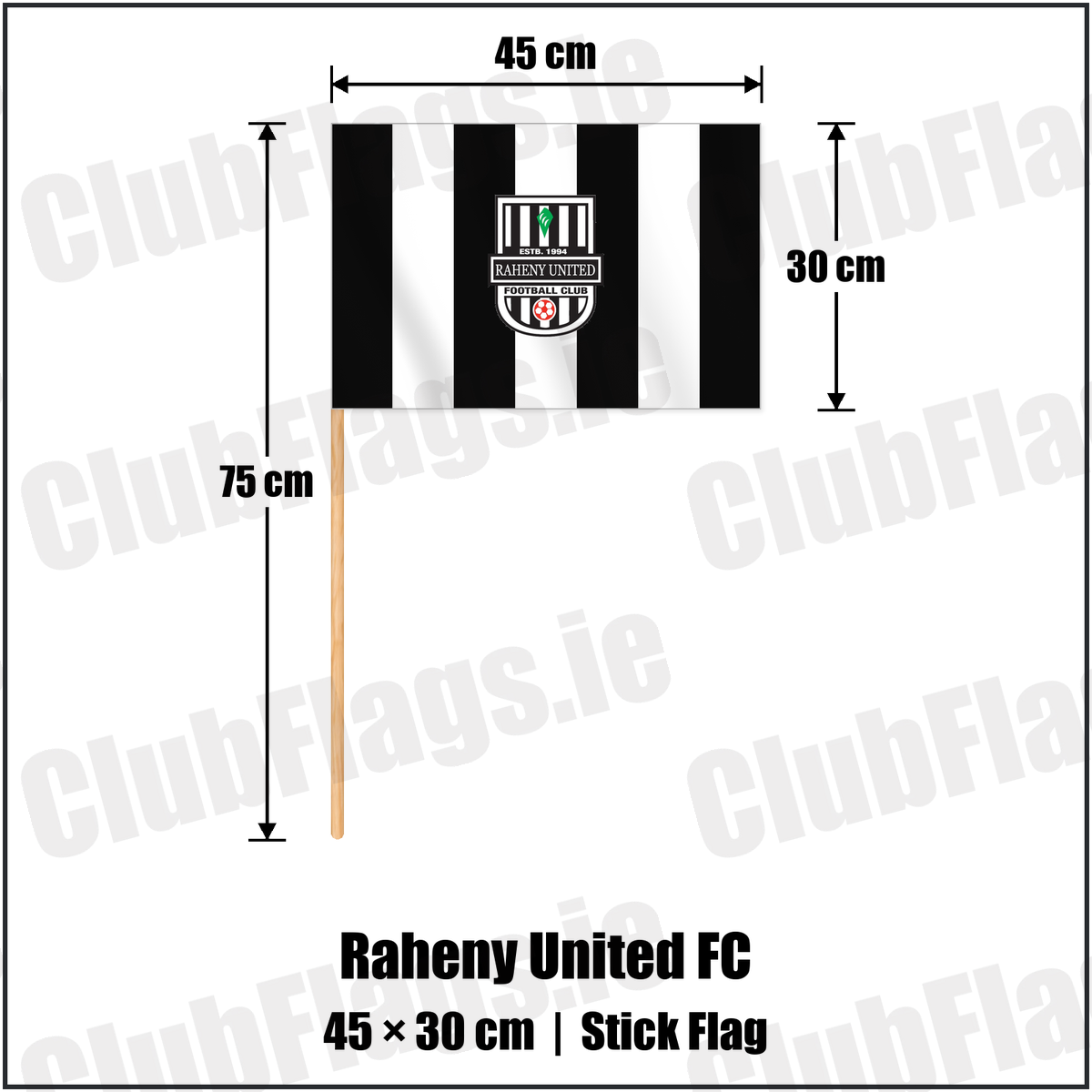 Raheny United FC 30cm x 45cm Stick Flag with the club crest and colours, Dublin Football - ClubFlags.ie