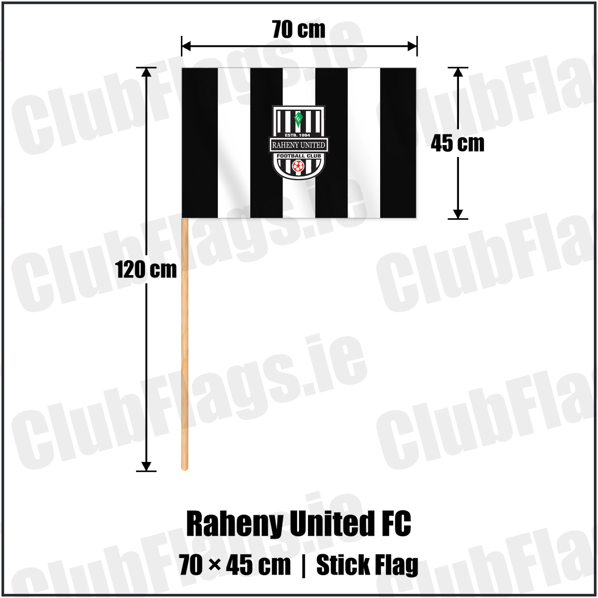Raheny United FC 45cm x 70cm Stick Flag with the club crest and colours, Dublin Football - ClubFlags.ie
