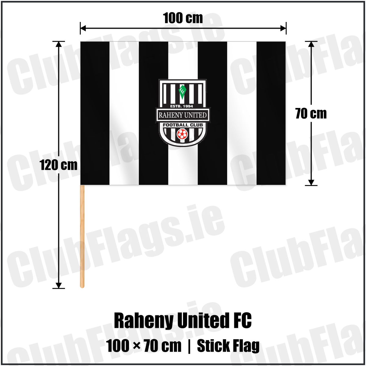 Raheny United FC 70cm x 100cm Stick Flag with the club crest and colours, Dublin Football - ClubFlags.ie