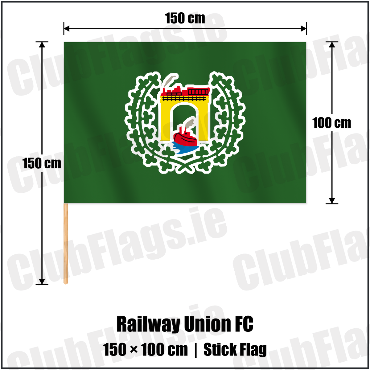 Railway Union FC 100cm x 150cm Stick Flag with the club crest and colours, Dublin Football - ClubFlags.ie