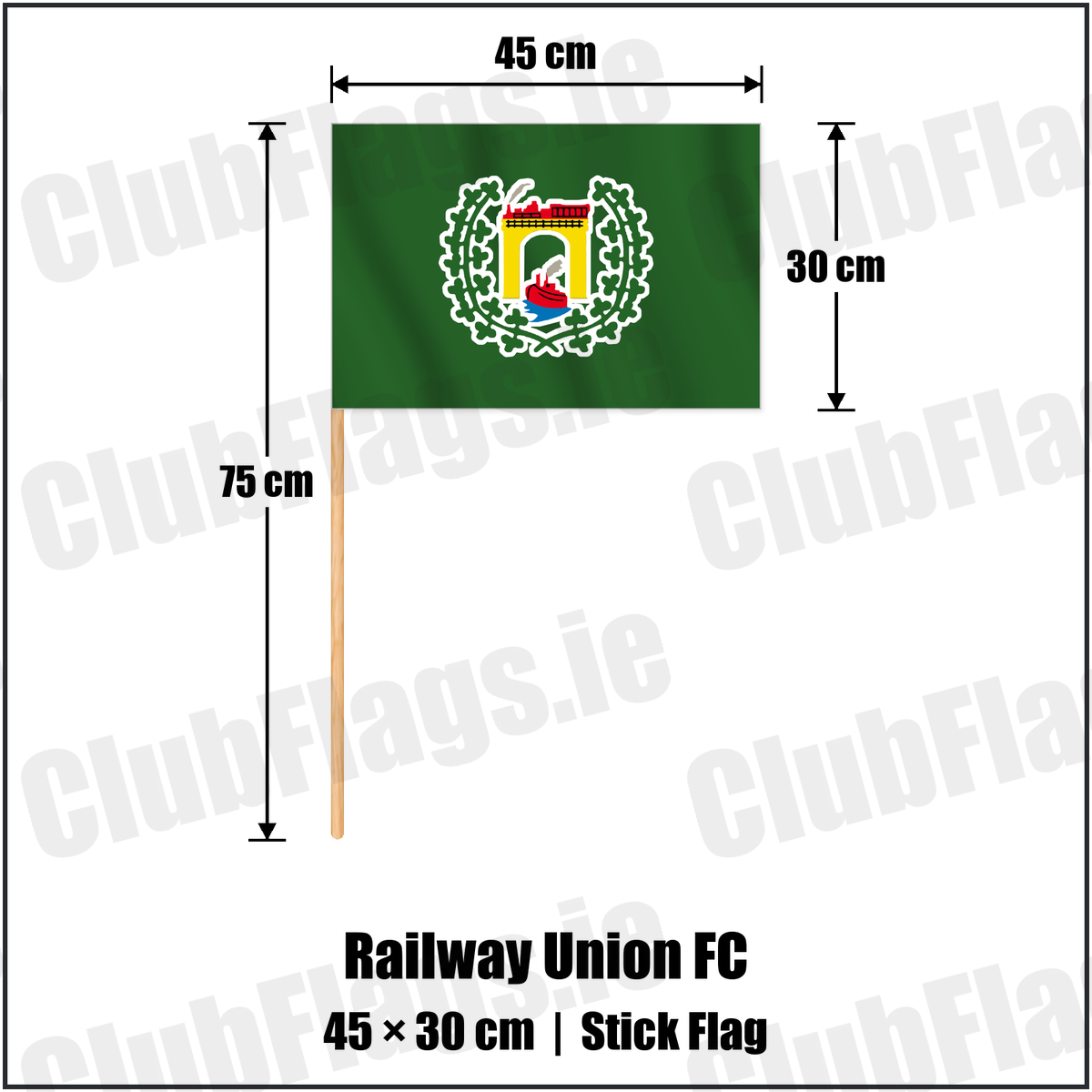 Railway Union FC 30cm x 45cm Stick Flag with the club crest and colours, Dublin Football - ClubFlags.ie