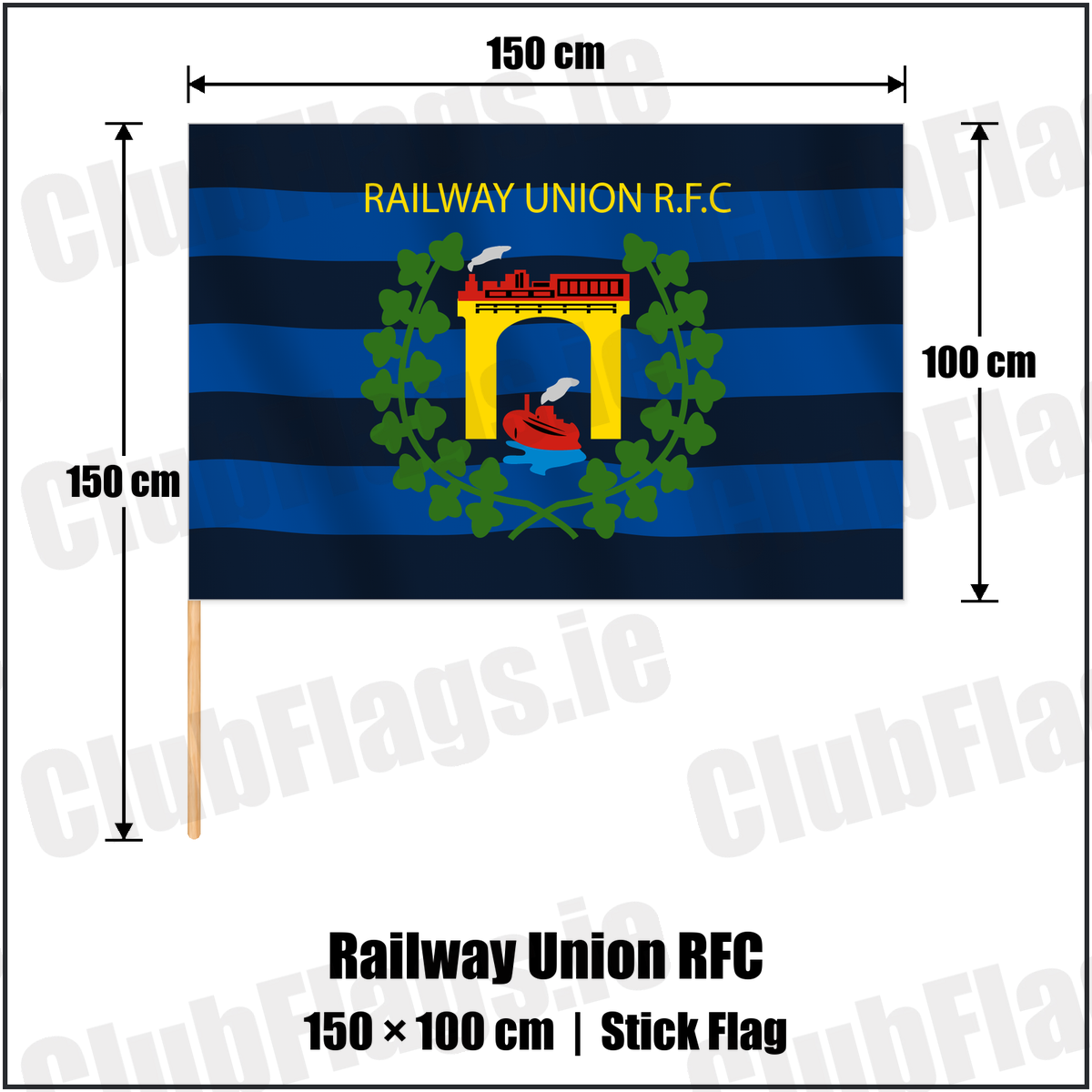 Railway Union RFC 100cm x 150cm Stick Flag with the club crest and colours, Dublin Rugby - ClubFlags.ie