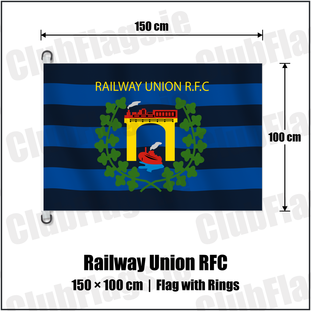 Railway Union RFC 150cm x 100cm Flag Pole Flag with Rings with the club crest and colours, Dublin Rugby - ClubFlags.ie