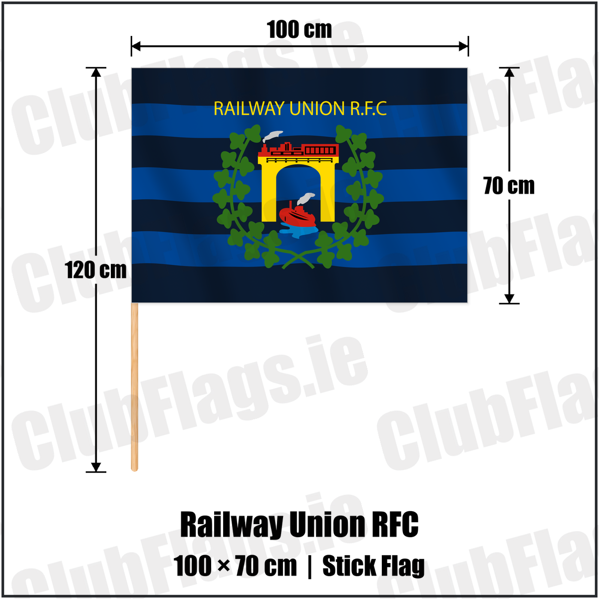 Railway Union RFC 70cm x 100cm Stick Flag with the club crest and colours, Dublin Rugby - ClubFlags.ie