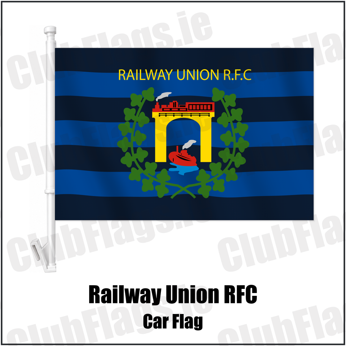 Railway Union RFC Car Flag with the club crest and colours, Dublin Rugby - ClubFlags.ie