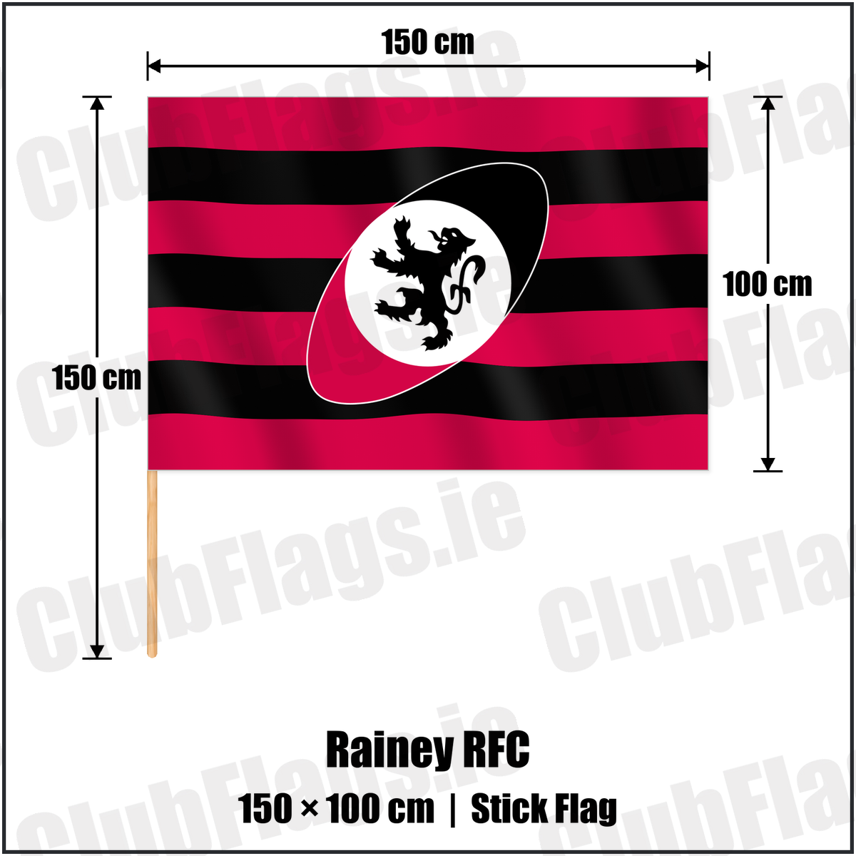Rainey RFC 100cm x 150cm Stick Flag with the club crest and colours, Derry Rugby - ClubFlags.ie