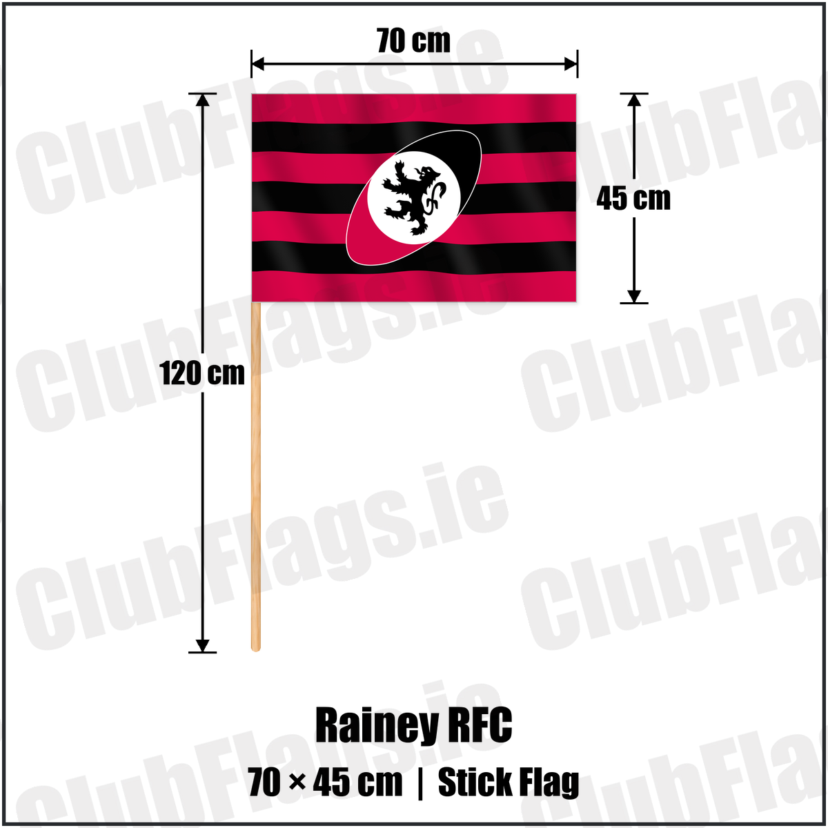 Rainey RFC 45cm x 70cm Stick Flag with the club crest and colours, Derry Rugby - ClubFlags.ie