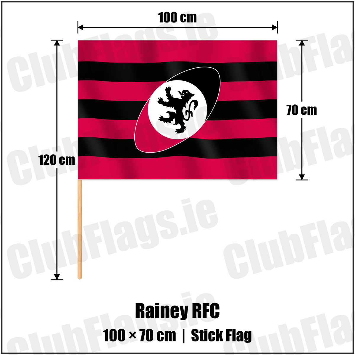 Rainey RFC 70cm x 100cm Stick Flag with the club crest and colours, Derry Rugby - ClubFlags.ie
