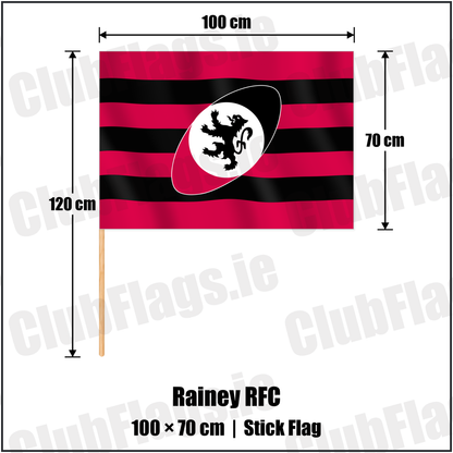 Rainey RFC 70cm x 100cm Stick Flag with the club crest and colours, Derry Rugby - ClubFlags.ie