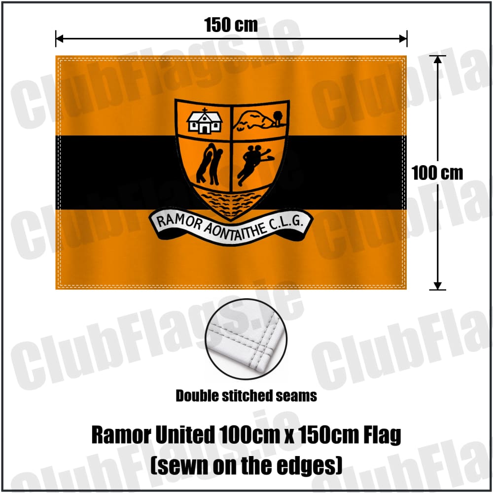 Ramor United 100cm x 150cm Flag (sewn on the edges) in black and amber, featuring the club crest on realistic fabric with gentle vertical folds; County Cavan GAA. ClubFlags.ie.