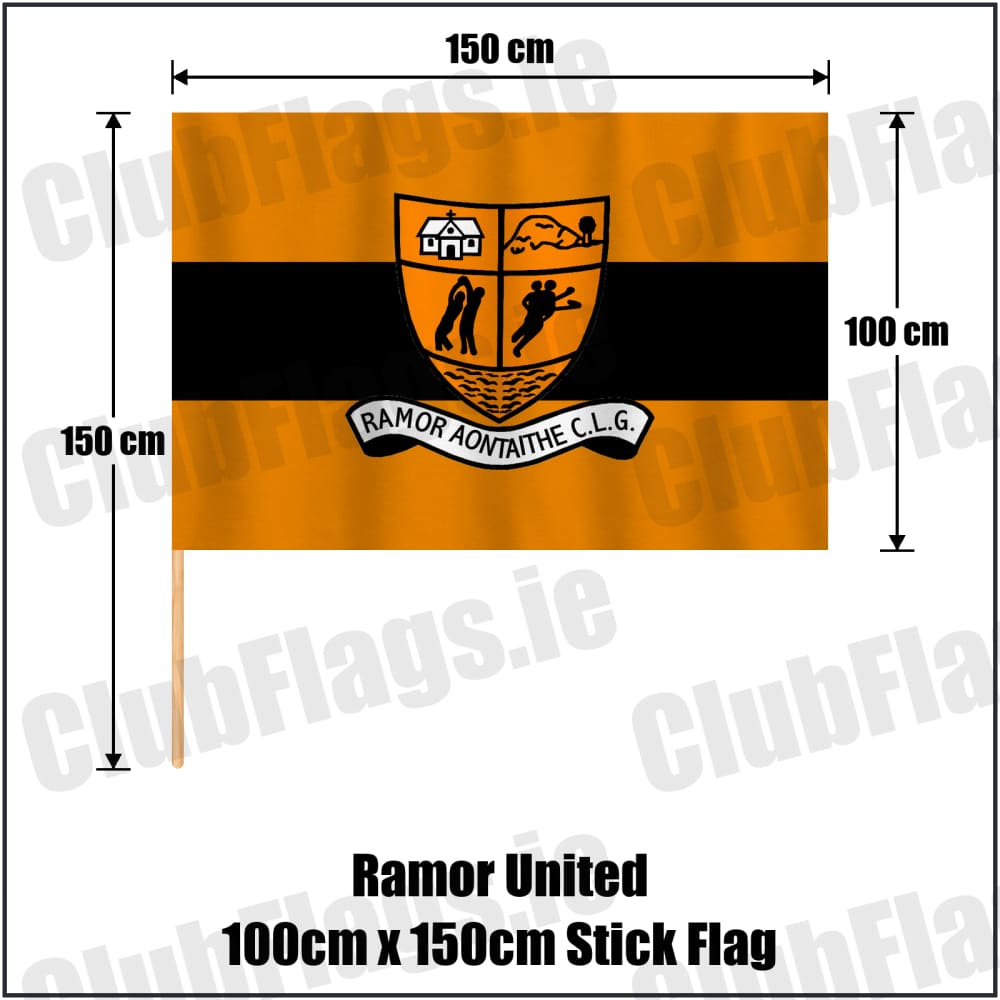 Ramor United 100cm x 150cm Stick Flag in black and amber, featuring the club crest on realistic fabric with gentle vertical folds; County Cavan GAA. ClubFlags.ie.