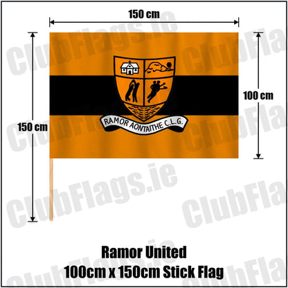 Ramor United 100cm x 150cm Stick Flag in black and amber, featuring the club crest on realistic fabric with gentle vertical folds; County Cavan GAA. ClubFlags.ie.