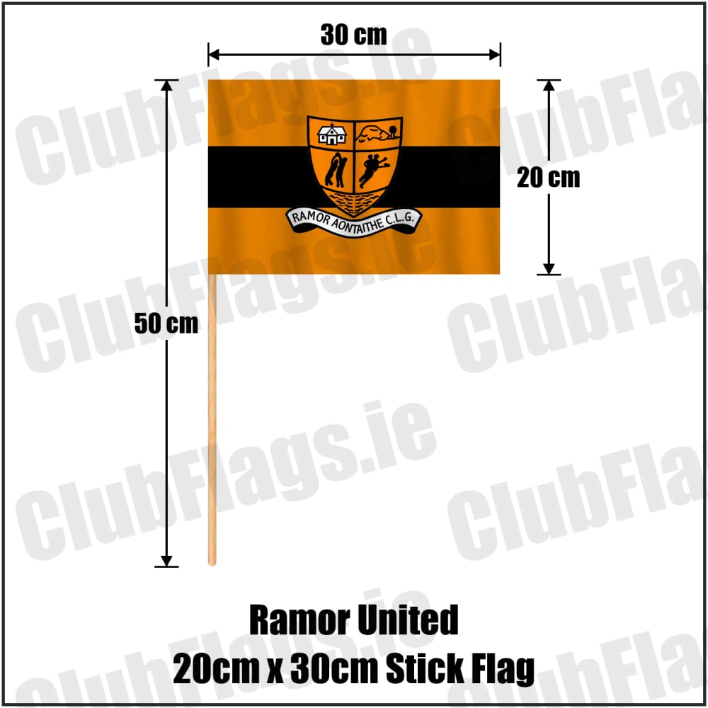 Ramor United 20cm x 30cm Stick Flag in black and amber, featuring the club crest on realistic fabric with gentle vertical folds; County Cavan GAA. ClubFlags.ie.