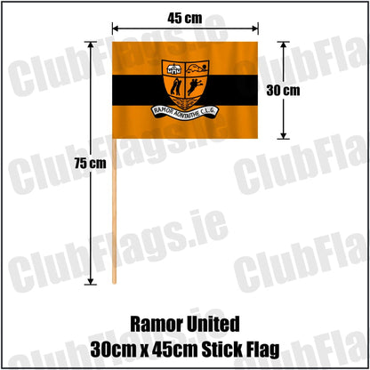 Ramor United 30cm x 45cm Stick Flag in black and amber, featuring the club crest on realistic fabric with gentle vertical folds; County Cavan GAA. ClubFlags.ie.