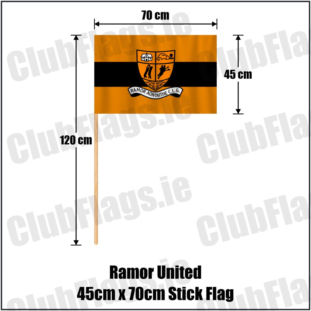Ramor United 45cm x 70cm Stick Flag in black and amber, featuring the club crest on realistic fabric with gentle vertical folds; County Cavan GAA. ClubFlags.ie.