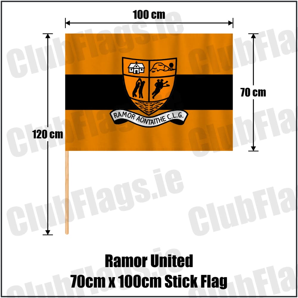 Ramor United 70cm x 100cm Stick Flag in black and amber, featuring the club crest on realistic fabric with gentle vertical folds; County Cavan GAA. ClubFlags.ie.