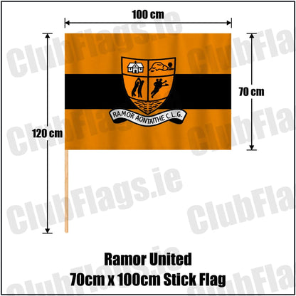 Ramor United 70cm x 100cm Stick Flag in black and amber, featuring the club crest on realistic fabric with gentle vertical folds; County Cavan GAA. ClubFlags.ie.