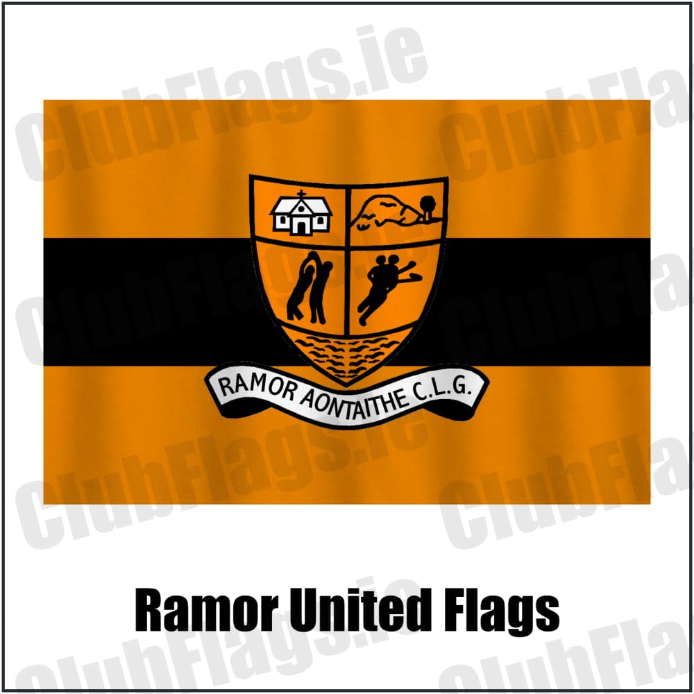 Ramor United Flags in black and amber, featuring the club crest on realistic fabric with gentle vertical folds; County Cavan GAA. ClubFlags.ie.