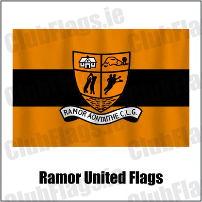 Ramor United Flags in black and amber, featuring the club crest on realistic fabric with gentle vertical folds; County Cavan GAA. ClubFlags.ie.