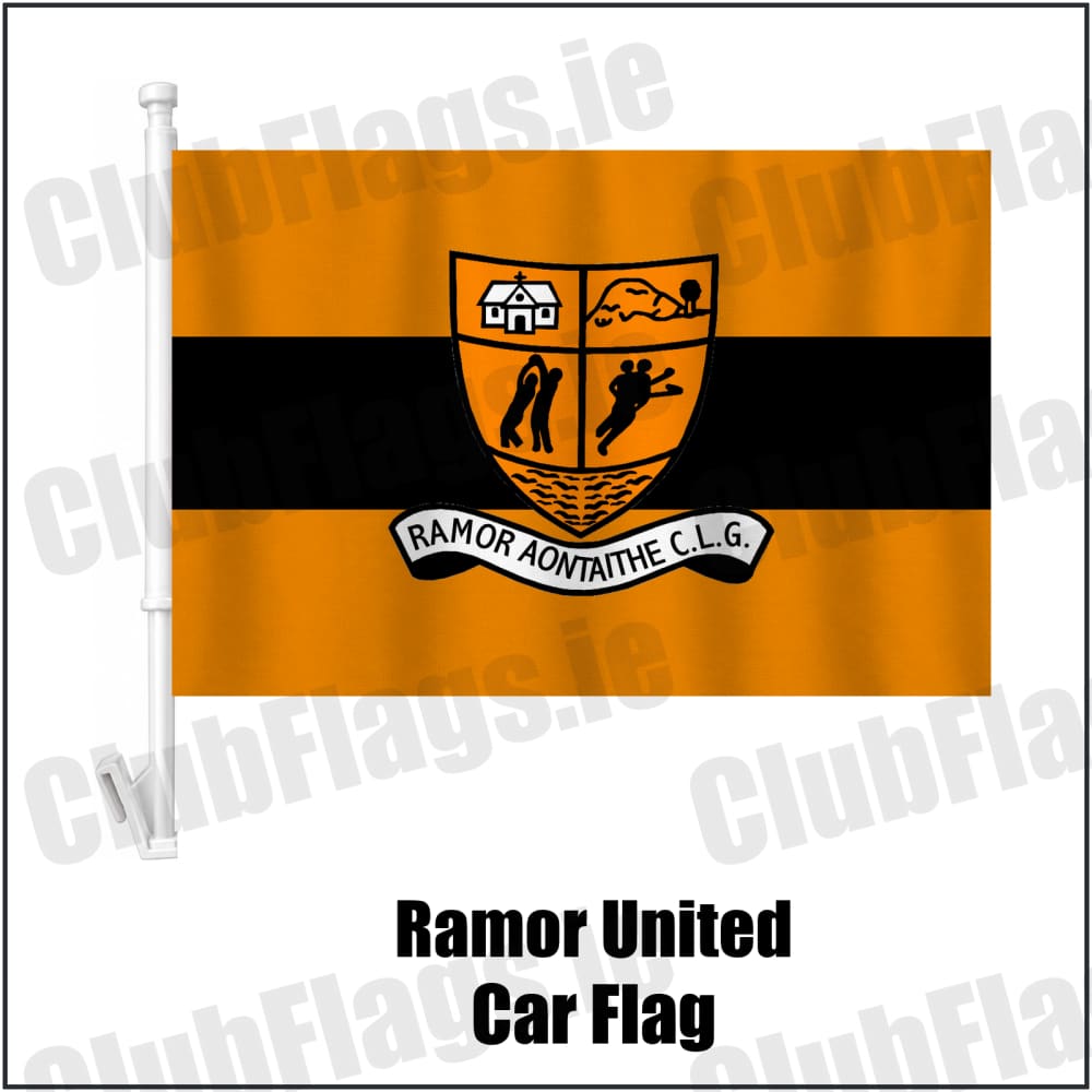 Ramor United Car Flag in black and amber, featuring the club crest on realistic fabric with gentle vertical folds; County Cavan GAA. ClubFlags.ie.