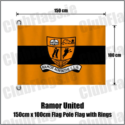 Ramor United 150cm x 100cm Flag Pole Flag with Rings in black and amber, featuring the club crest on realistic fabric with gentle vertical folds; County Cavan GAA. ClubFlags.ie.