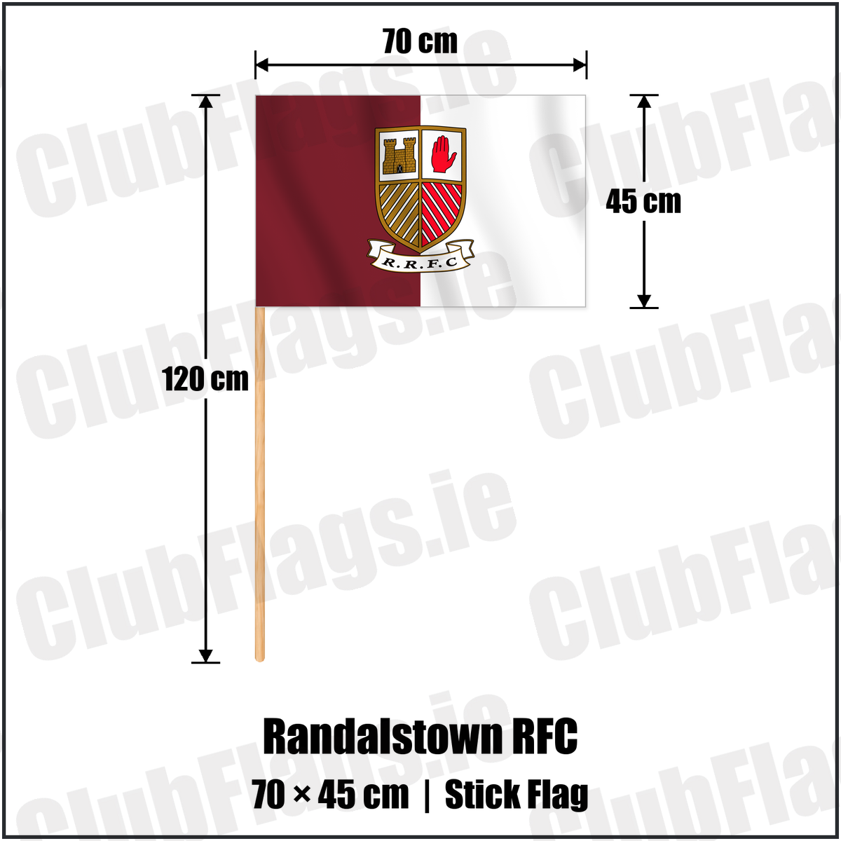 Randalstown RFC 45cm x 70cm Stick Flag with the verified club crest and colours, Antrim Rugby - ClubFlags.ie