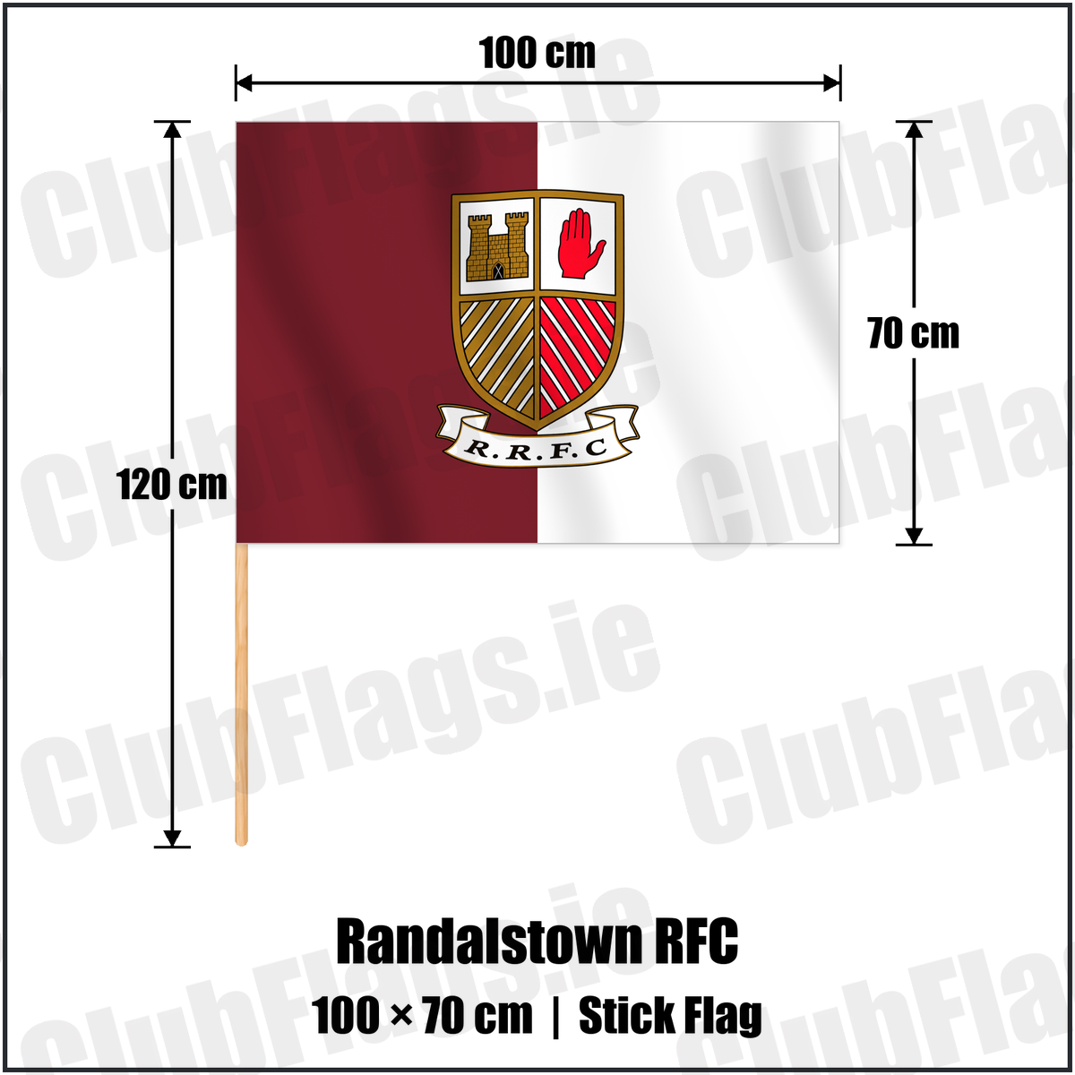 Randalstown RFC 70cm x 100cm Stick Flag with the verified club crest and colours, Antrim Rugby - ClubFlags.ie